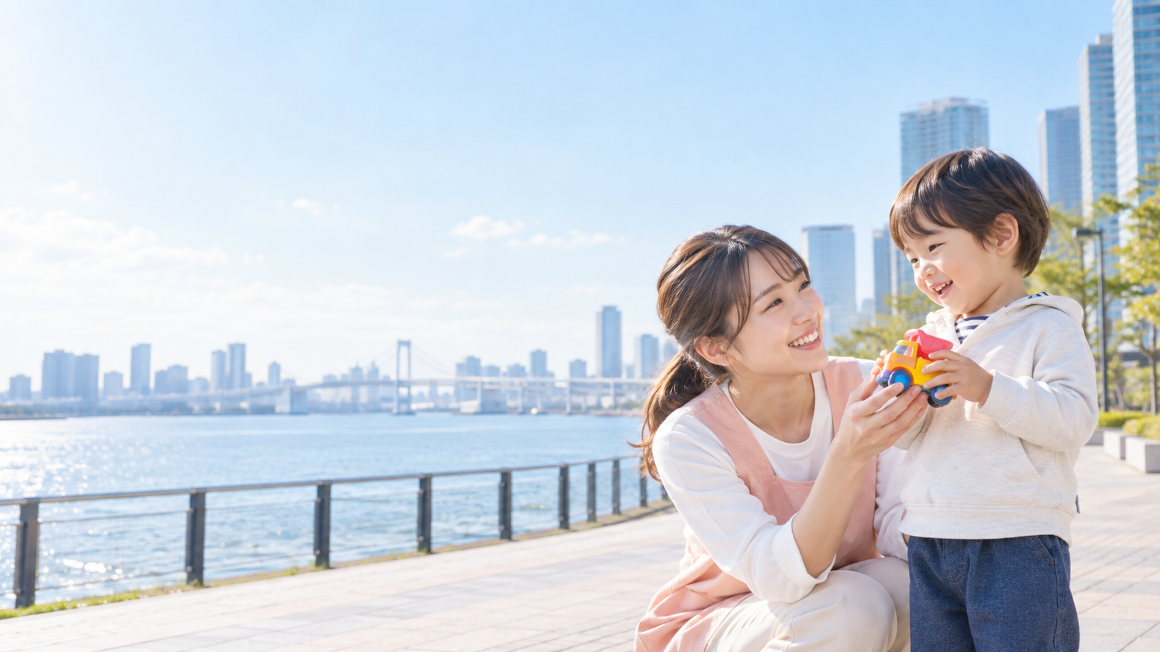 豊洲の水辺で子どもとシッターが過ごす様子